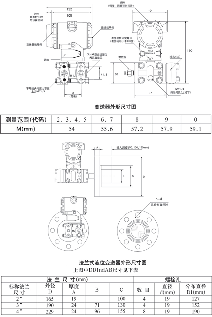 排污口差壓液位變送器規(guī)格尺寸表