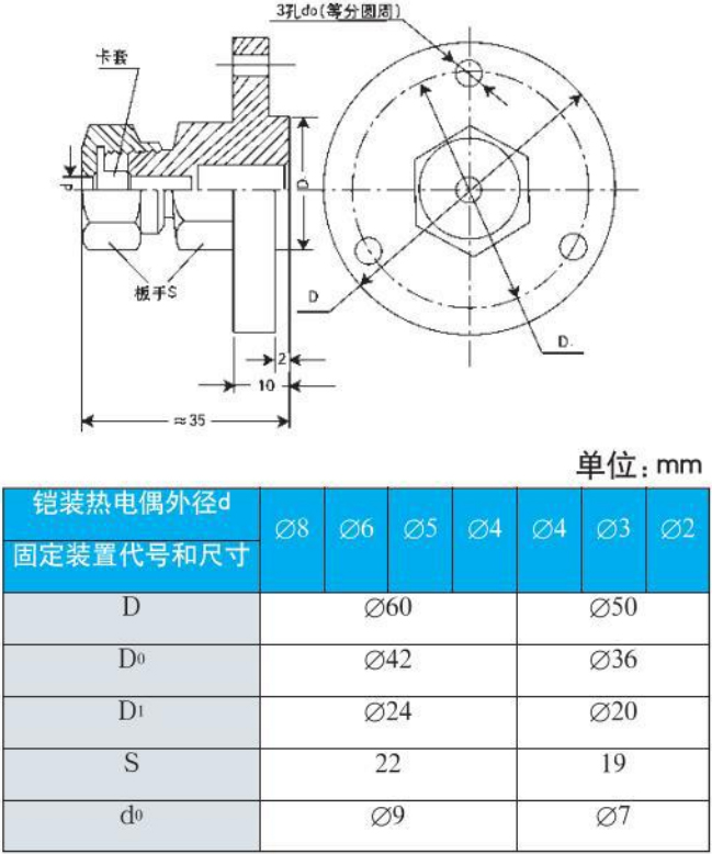 防水熱電偶法蘭安裝尺寸圖